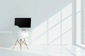 Modern Workspace: White Chair & Computer in a Serene Room (Photorealistic)