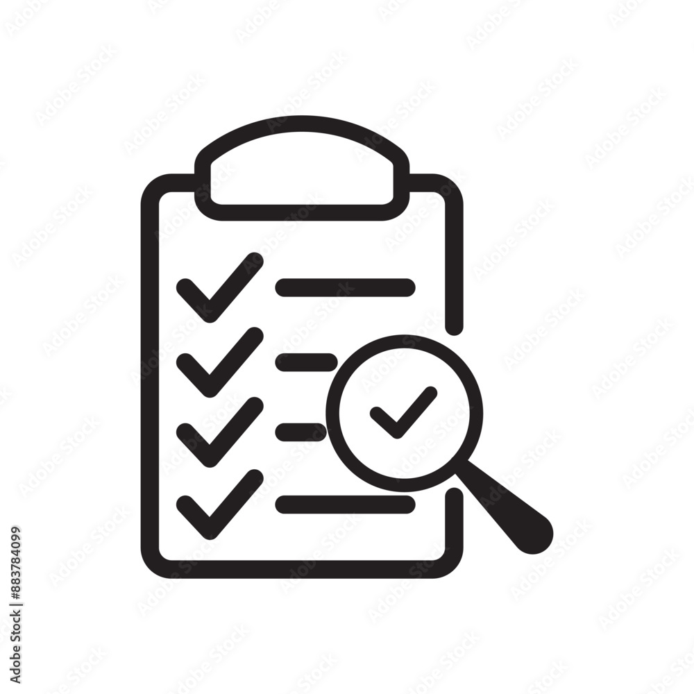 Poster clipboard task with magnifying glass icon, tasks. clipboard icon. task done. document icon. complian