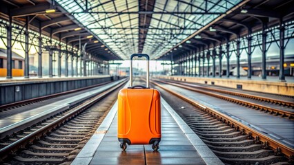 Vibrant orange luggage stands out against drab industrial backdrop of empty train station platform, awaiting departure on metal rails alone.