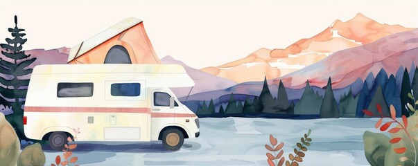 Campervan by the lake, side view, triadic color scheme, watercolor illustration, flat design, copy space for text
