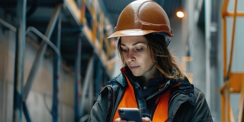 Woman inspecting cellphone while wearing hard hat