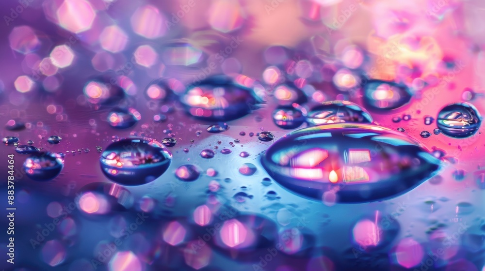 Poster close-up of colorful water droplets on a reflective surface, creating a vibrant and abstract visual 
