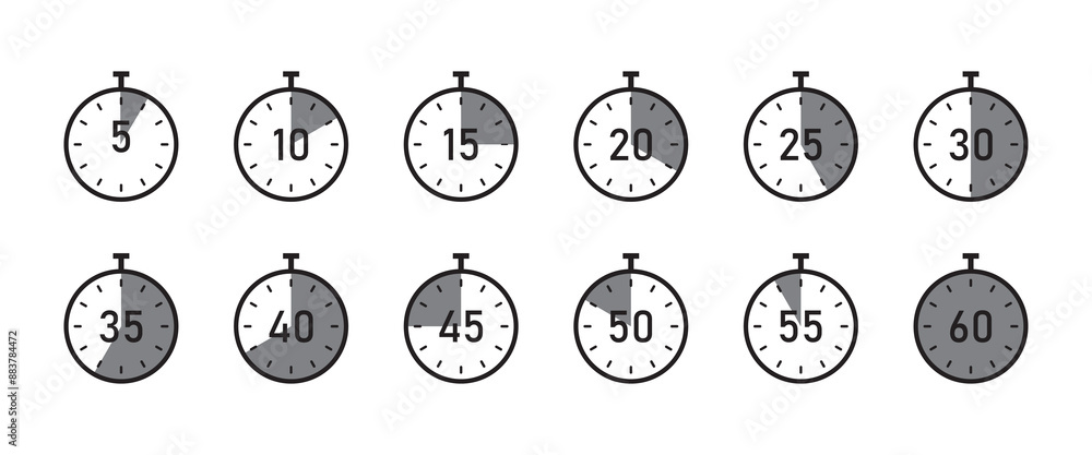 Poster countdown timer icon symbol set. from 5 minute to 60 minute. set of clocks or stopwatches vector ima