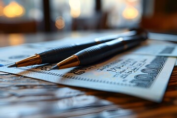 Fototapeta premium A pen and money placed on a table.