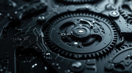 Close-up of Intricate Black Mechanical Gears in Motion with Modern Design and Precision Engineering