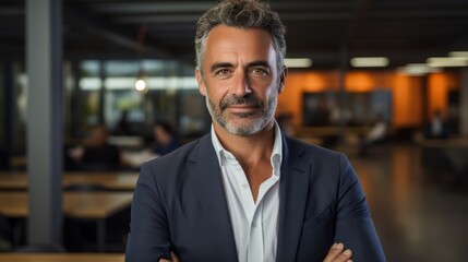 Fototapeta premium Portrait of a confident businessman standing with arms crossed in a modern office setting, exuding professionalism and leadership.