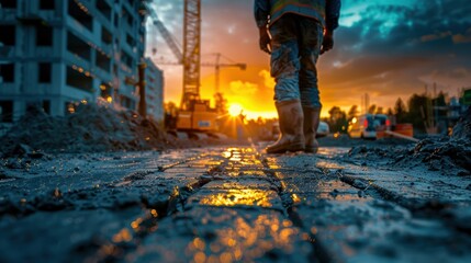 A construction worker standing on a muddy site at sunset, with cranes and buildings in the background, symbolizing hard work and progress.