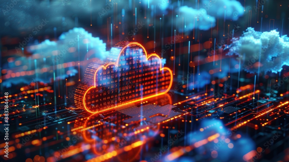 Poster a digital cloud illuminated with orange and blue lights, representing modern cloud computing and dat