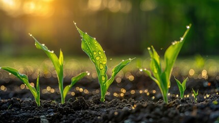 Young green plants growing in a sunlit field with dewdrops on leaves, representing new beginnings and growth. - Powered by Adobe