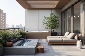 Fototapeta premium Modern rooftop terrace mockup with a lounge area and jacuzzi.