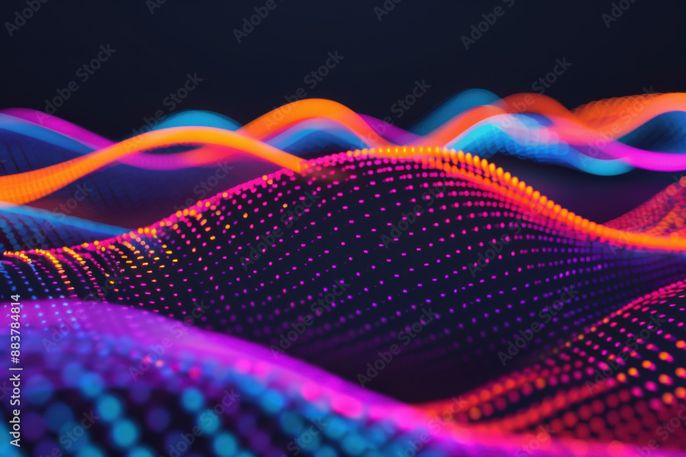 Poster vibrant digital wave of colorful dots on a dark background, creating a dynamic and futuristic abstra