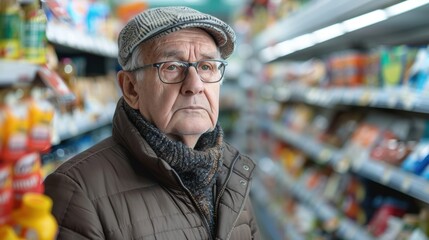 Portrait of an elderly man wearing glasses and a hat, shopping in a supermarket aisle, deep in thought.