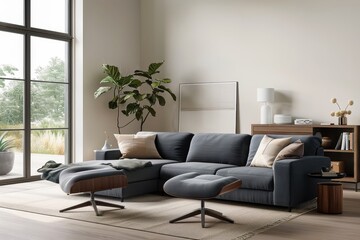 Fototapeta premium Dark blue sofa and recliner with a focus on functionality in a Scandinavian living room.