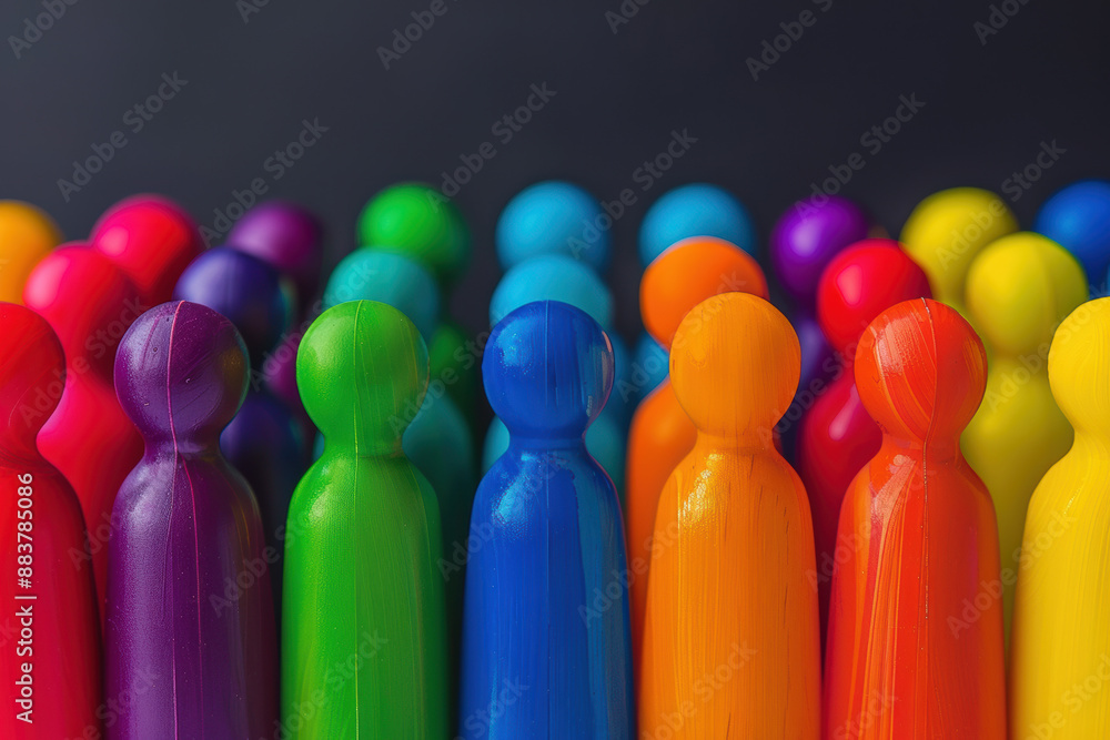 Aufkleber colorful wooden figures standing in rows, representing diversity and community against a dark backgr