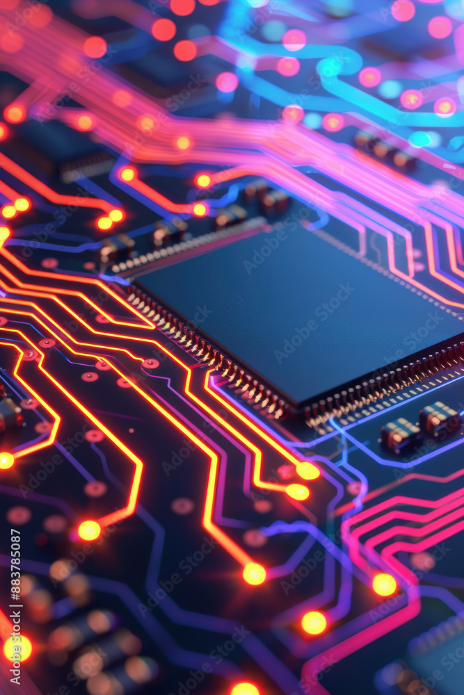 Poster close-up of an illuminated circuit board with intricate neon pathways, showcasing advanced technolog