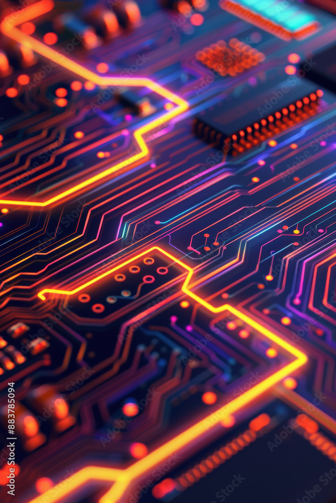 Poster close-up of an illuminated, futuristic circuit board highlighting intricate pathways and vibrant col