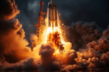 Close up of rocket engine ignition  intense flames erupt from nozzle in vertical launch