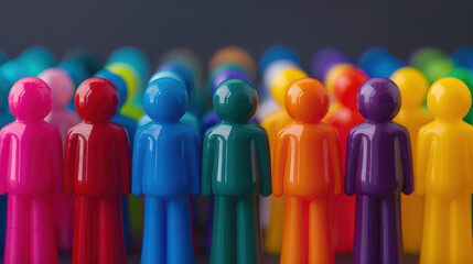 Colorful plastic figurines standing close together, representing diversity and unity in a vivid group setting. Vibrant and engaging concept.