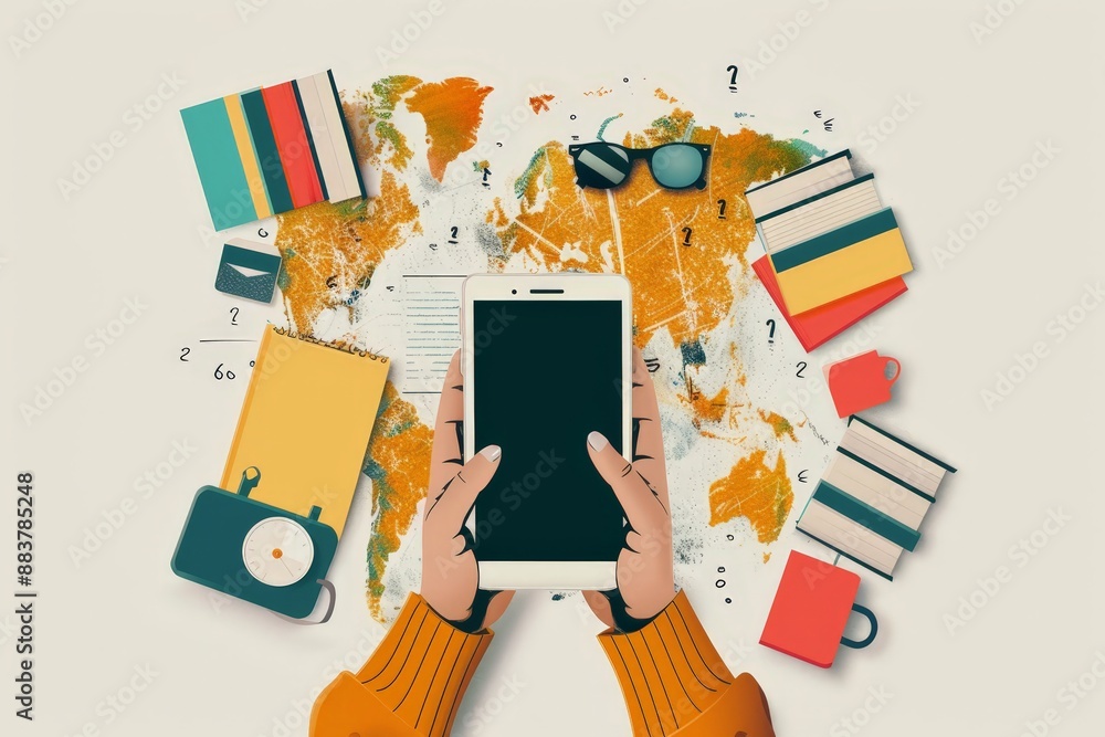 Poster modern education: student using smartphone for language learning app, mobile learning and digital li