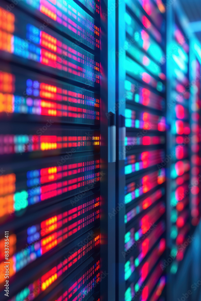 Poster vibrant data center with colorful led lights on server racks, representing advanced technology, big 