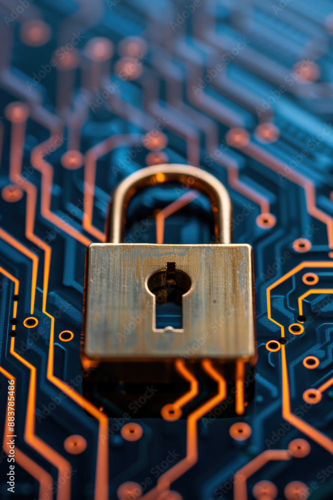 Poster close-up of a golden padlock on a circuit board symbolizing cybersecurity, data protection, and secu