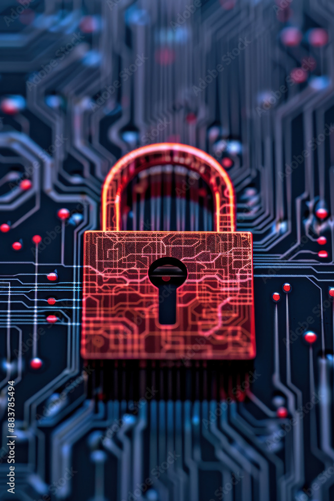 Poster close-up of a red padlock on a digital circuit board, symbolizing cybersecurity and data protection.