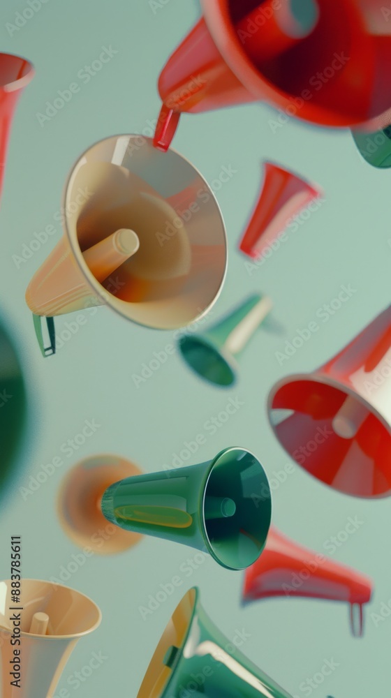 Poster colorful megaphones floating against a light background, creating a vibrant and dynamic visual compo