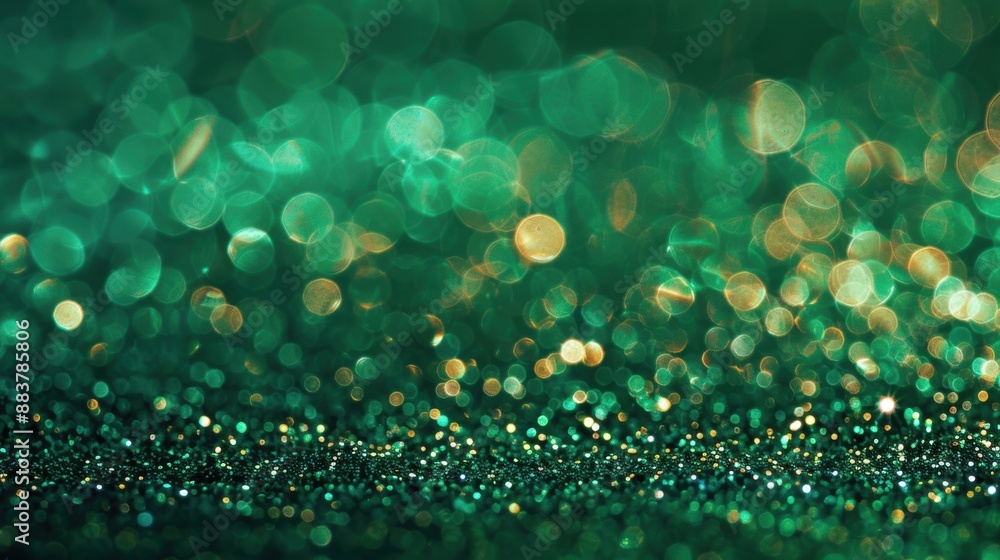 Poster close-up of green glitter creating a bokeh effect with sparkling lights, providing a festive and mag