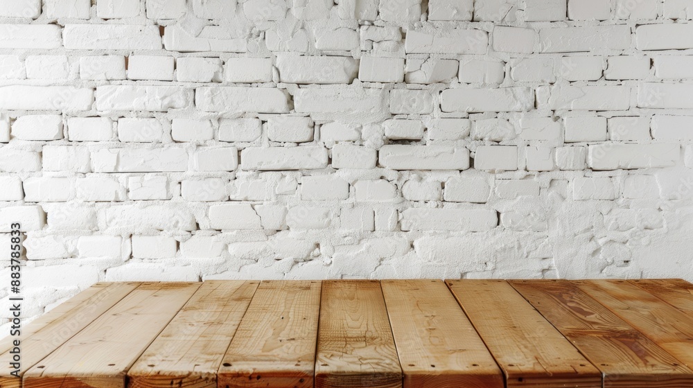 Aufkleber rustic wooden table in front of a white brick wall, creating a simple yet charming backdrop for vari