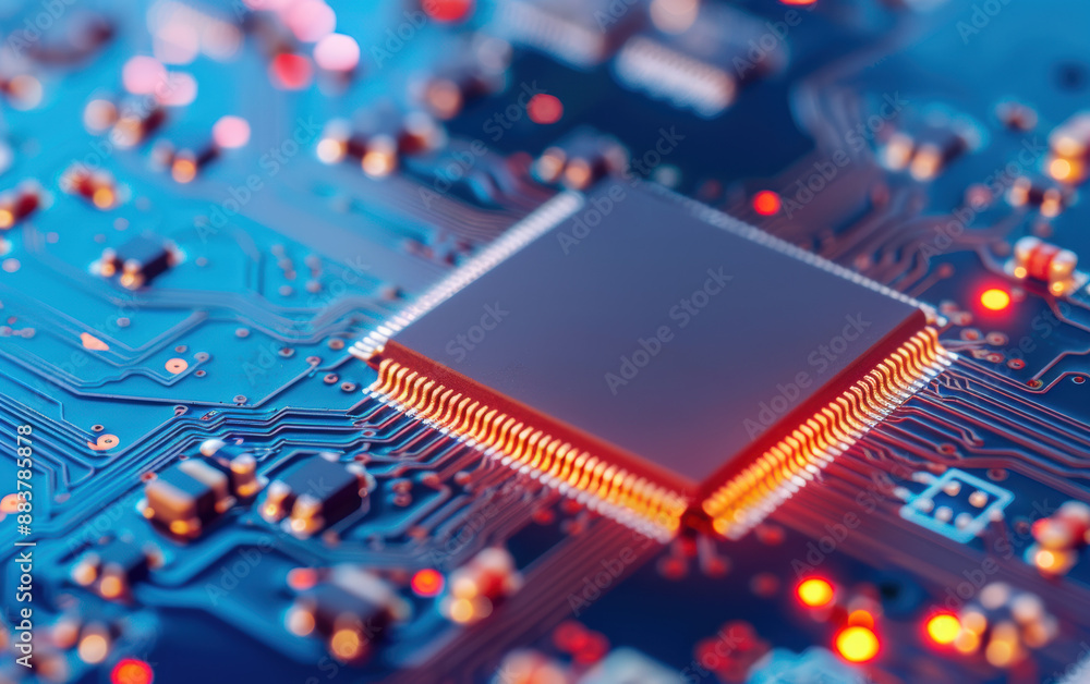 Poster close-up of a computer processor with glowing circuits on a blue motherboard, showcasing modern tech