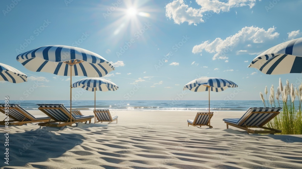 Sticker beach chairs and umbrellas on sandy beach