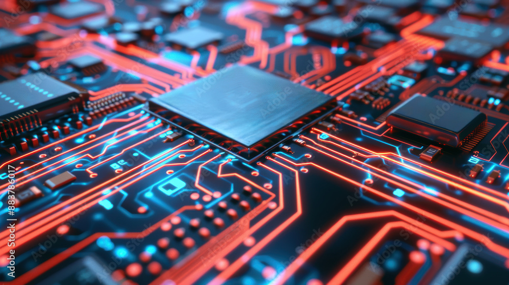 Poster close-up of an electronic circuit board with glowing paths and microchips, showcasing advanced techn