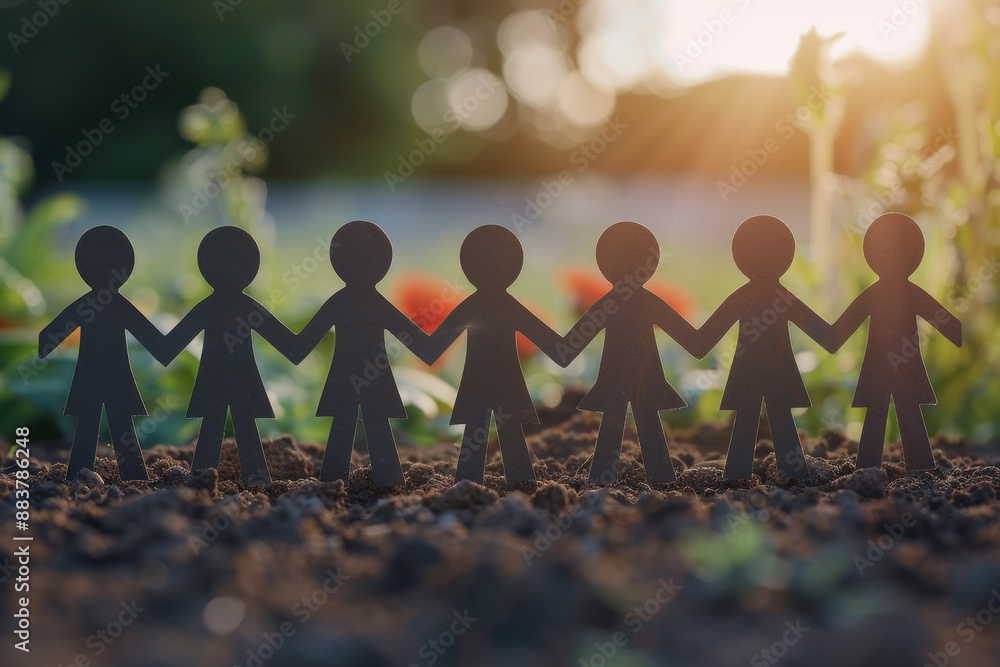 Poster unity and teamwork concept with paper cutouts holding hands, standing together on soil with sunlight
