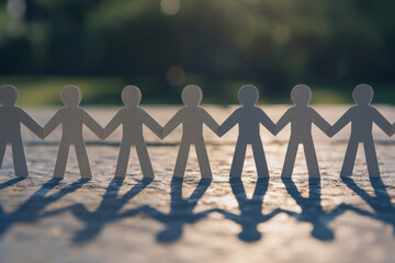 Paper cut-out people holding hands in a row create shadows on the ground, symbolizing unity, support, cooperation, and teamwork.