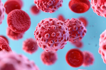 Microscopic view of red blood cells and cancer cells, showcasing the detailed structure and interaction against a blue background, ideal for medical and scientific use.
