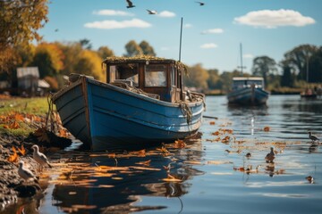 Naklejka premium Tranquil fishing scene with man, big mouth perch, seagulls, detailed illustration on bass boat