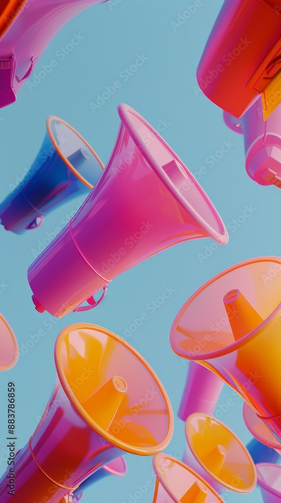 Poster a colorful array of floating megaphones set against a bright blue background.