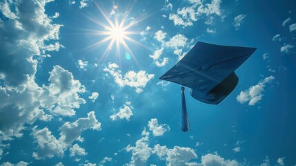 Graduation cap thrown into the blue sky with a sunburst and clouds, symbolizing achievement and new beginnings.