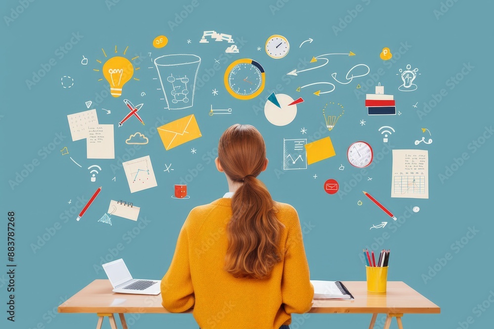 Poster immersed in digital learning: a student navigates knowledge with illustrations and technology
