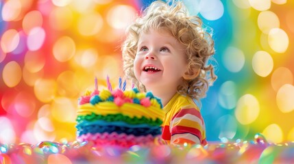 Happy toddler celebrating birthday with a colorful cake, radiating joy and excitement against a vibrant background.