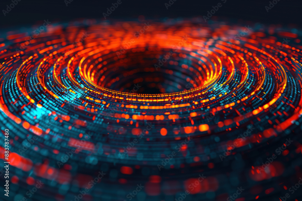 Poster abstract digital vortex with glowing red and blue particles creating a mesmerizing, futuristic swirl