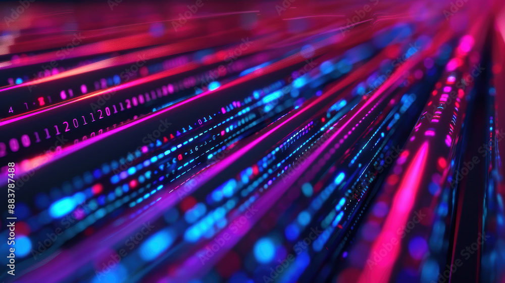Poster abstract background with neon lights, data stream, and technological elements in motion. represents 