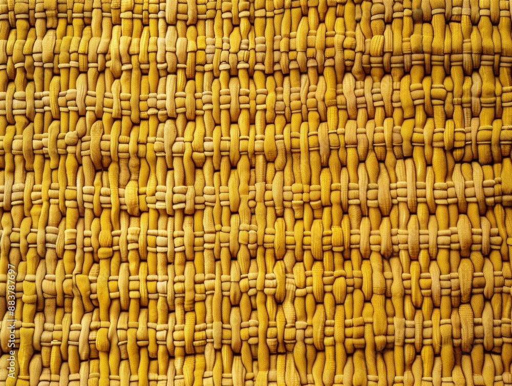 Poster vibrant aerial view of intricately patterned mustard yellow fabrics arranged symmetrically in bright