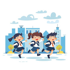 Obraz premium Happy Primary School Students Running in City