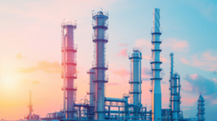 Obraz premium Industrial refinery with tall chimneys against a colorful sunset sky, highlighting the energy production and modern engineering.