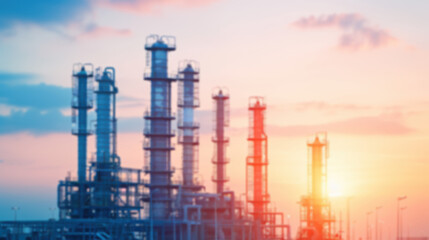 Obraz premium Industrial refinery complex with tall distillation towers during sunset, colorful sky, and metallic structures for fuel processing in a vibrant scene.