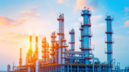 Obraz premium Industrial landscape with refinery towers against a vibrant sunset sky, featuring intricate metal structures and pipelines in a modern facility.