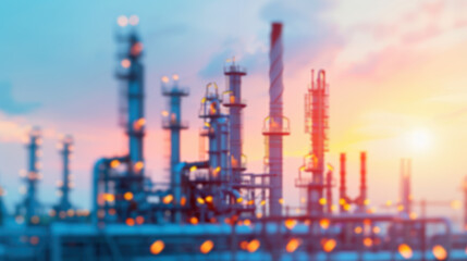Blurred industrial factory background with chimneys during sunset, illustrating energy production and technology.