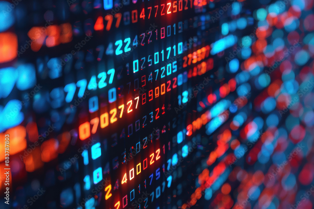 Poster close-up of glowing binary code on a digital screen, representing data transfer and technology. red 