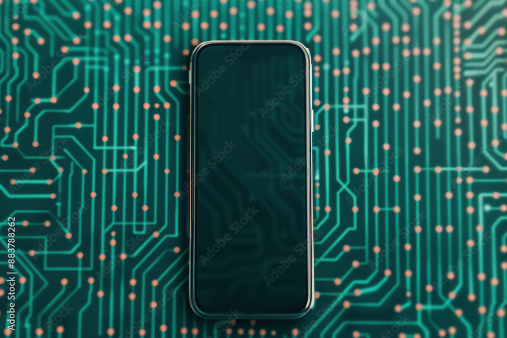 Poster modern smartphone lying on a circuit board representing technology, innovation, and digital connecti